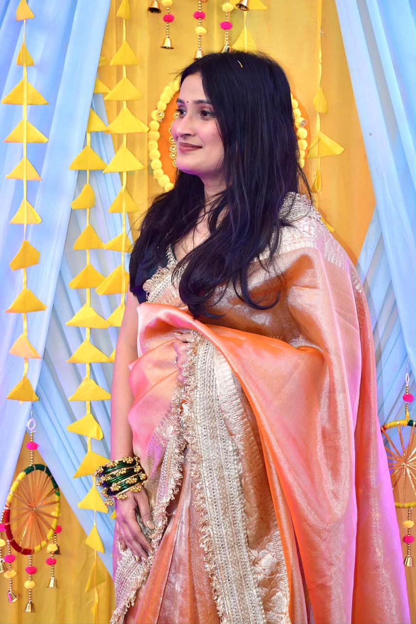 Orange Tissue Silk Saree With Lace - Tissue Luxe