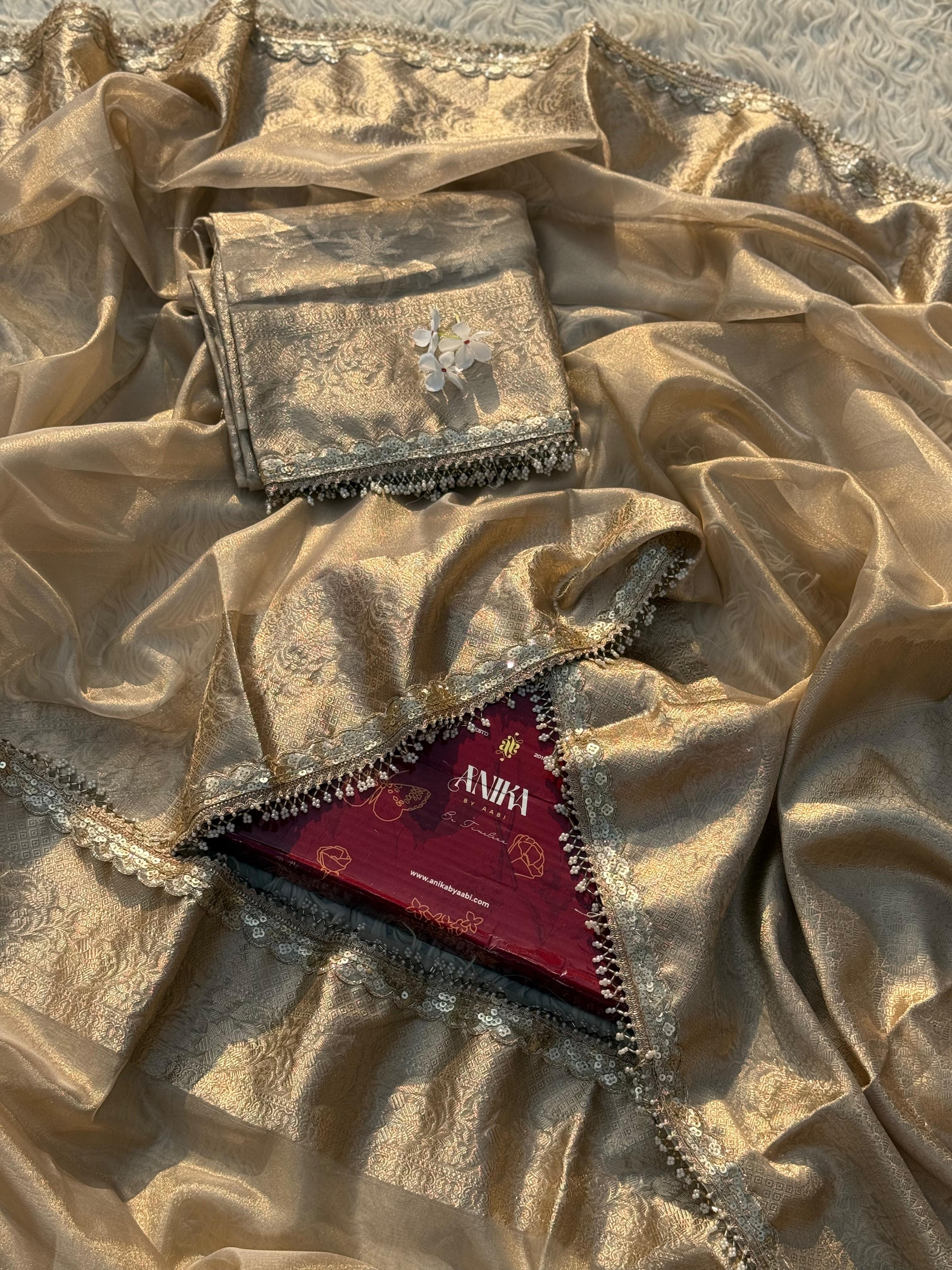 Anika's Banarasi Gold Tissue saree with Lace work - Golden Glow