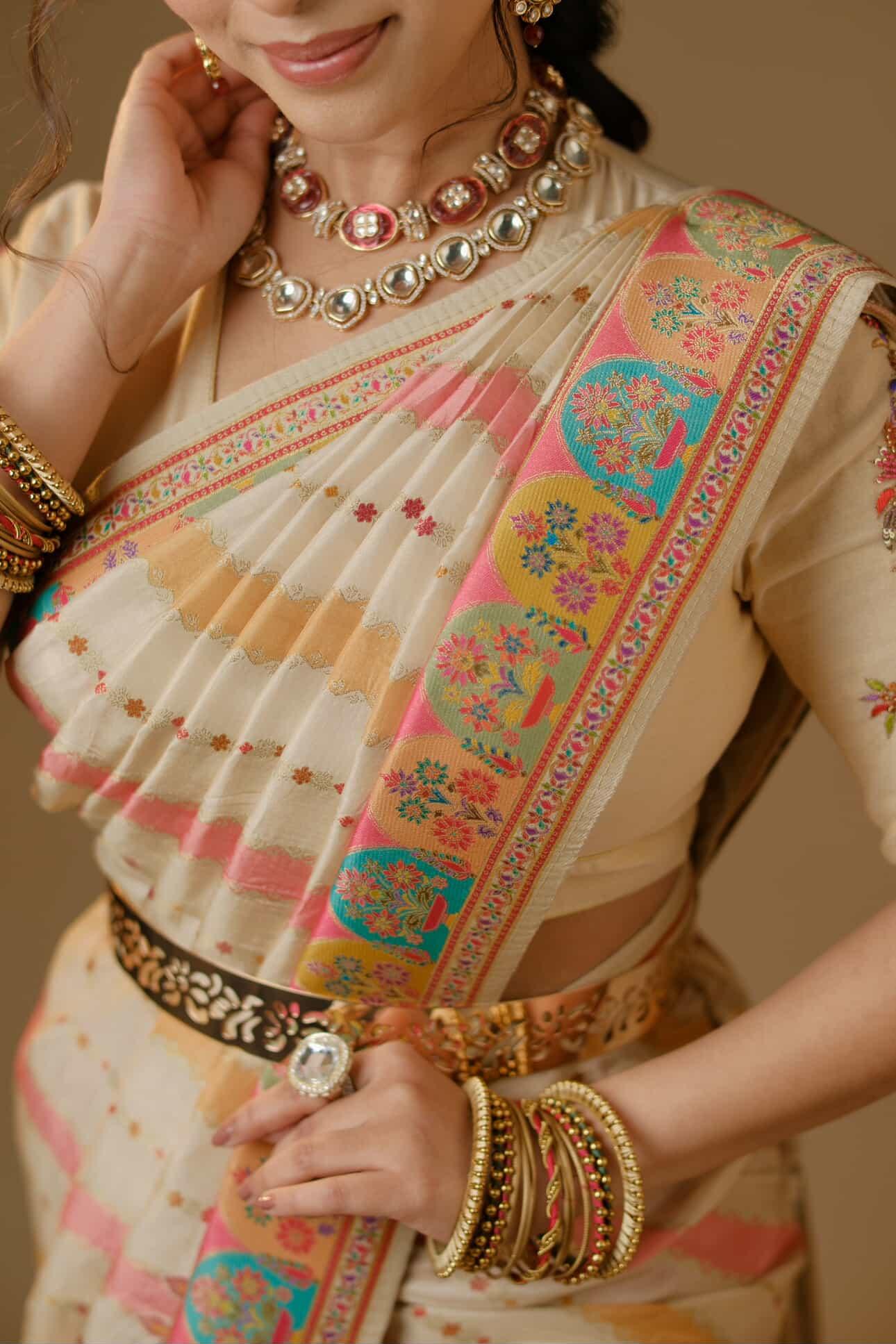 ANIKA'S BRIDAL EDIT - IVORY MULTICOLOUR KASHMIRI SAREE